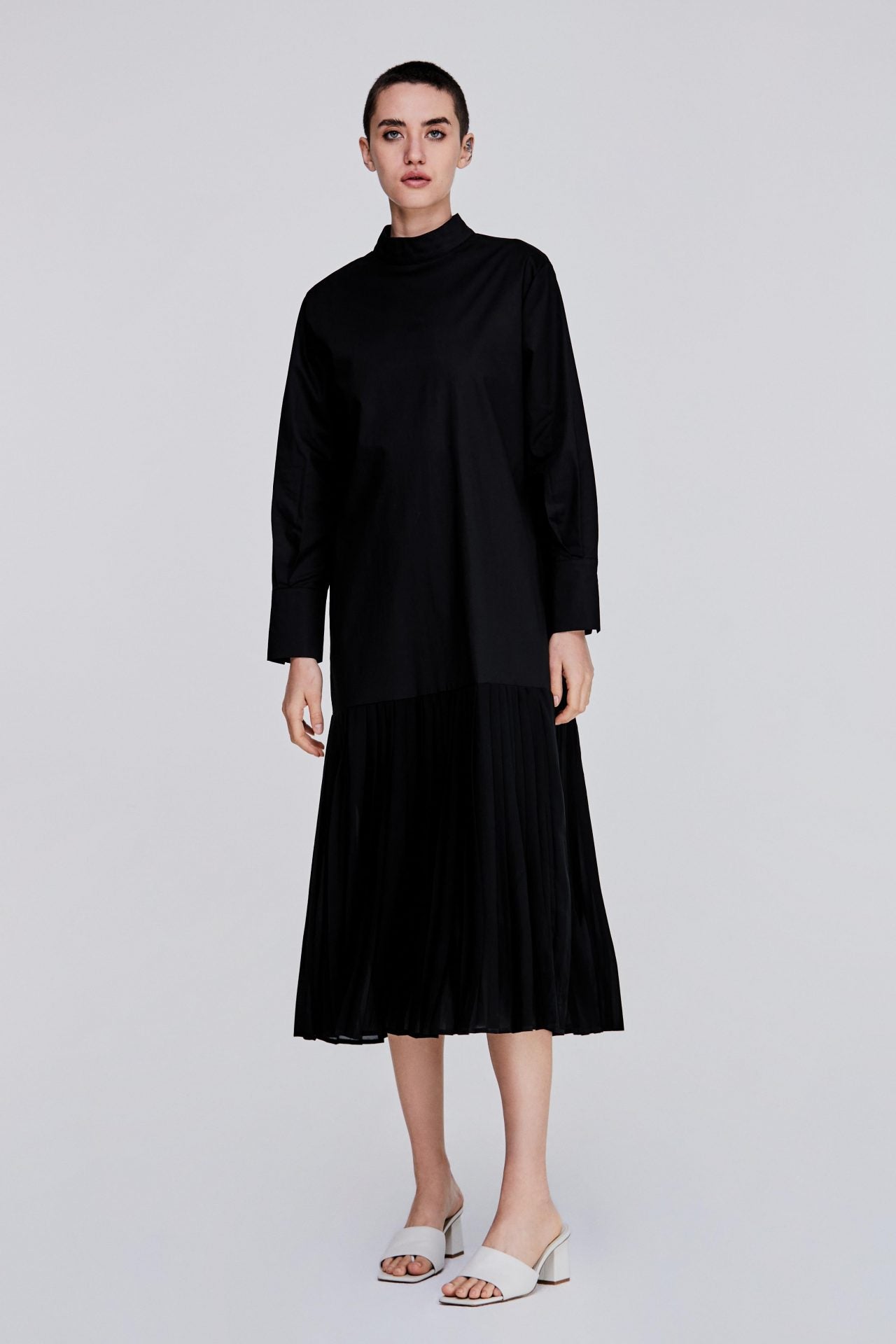 Stand Collar Pleated Dress
