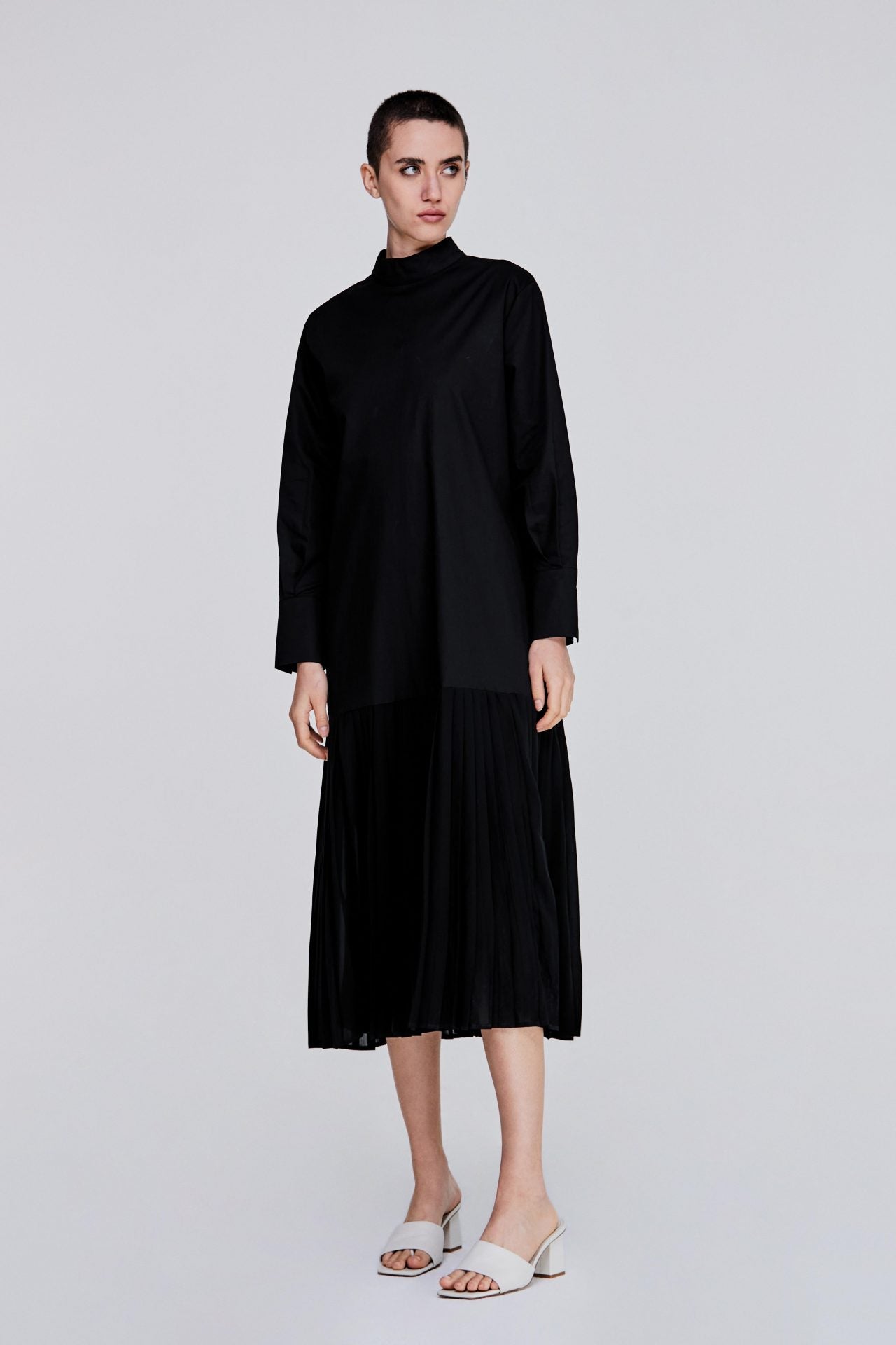 Stand Collar Pleated Dress